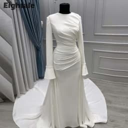 Eightale Luxury Wedding Dress O-Neck Satin A-Line Customized White Ivory Beaded Pleats Court Train Bridal Gown Vestido De Noiva