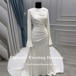 Eightale Luxury Wedding Dress O-Neck Satin A-Line Customized White Ivory Beaded Pleats Court Train Bridal Gown Vestido De Noiva