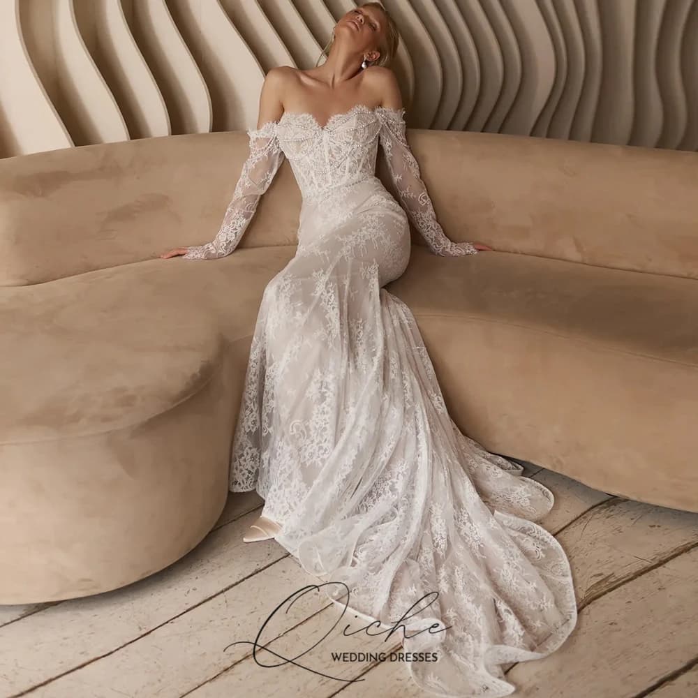 QICHE Luxury Lace Mermaid Women Wedding Dresses with Pearls 2026 Sweetheart Long Sleeves Bridal Gown Customized Brides Dresses
