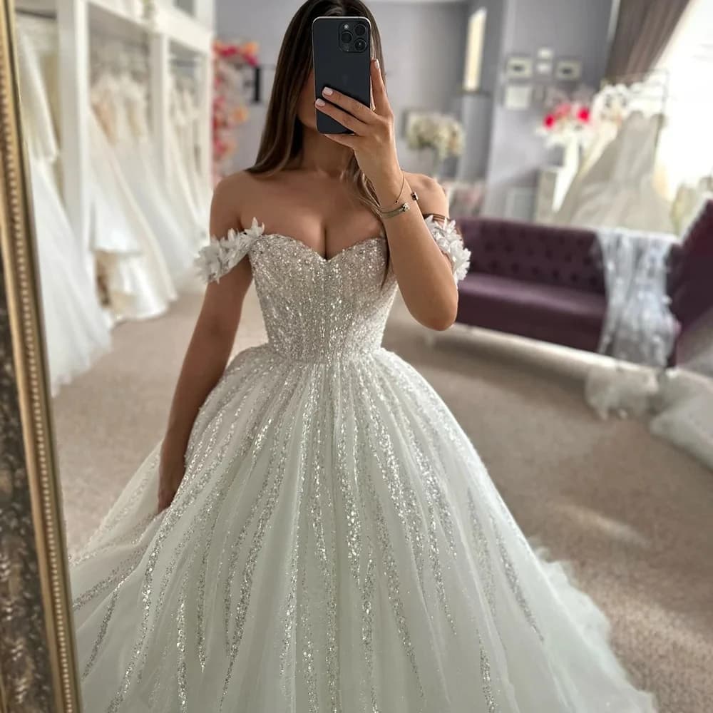 Customized Glitter Lace Wedding Dress A-Line Shiny Off Shoulder Sweetheart Bridal Gown Princess Sparkly Bride Gown for Women