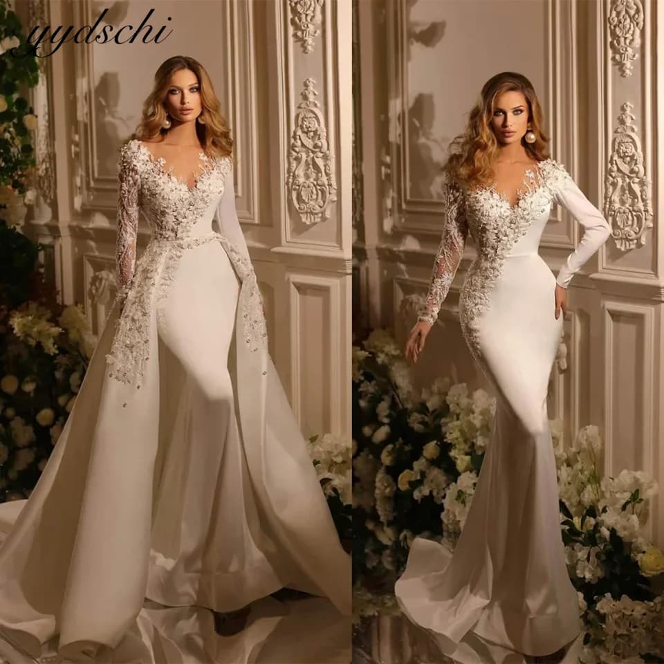 Customized Sexy Mermaid Wedding Dresses Lace Appliques Full Sleeves Sweetheart Detachable Train Bridal Gowns Vestidos De Novia