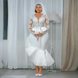 Modern African White Mermaid Civil Wedding Dress Ankle-Length Ruched Long Sleeves Bridal Gown Plus Size Bride Dresses Customized