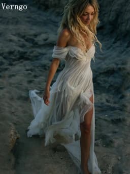 Verngo Sexy Tulle Boho Wedding Dress Off The Shoulder A Line Side Slit Beach Bride Dresses Sexy Photo Bridal Dress Customized