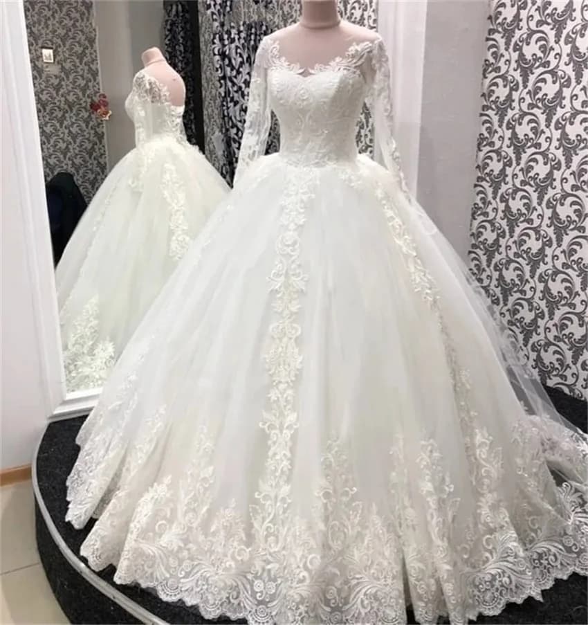 Customized Gorgeous Lace Appliques vestidos de novia Bride Dress Long Sleeve Back Strap Ball Gown Wedding Dress robe de mariée