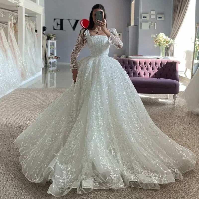 Customized Luxury Beading Wedding Dresses A Line Long Sleeve Bride Dress Square Neck Ball Gown Princess Wedding Gowns