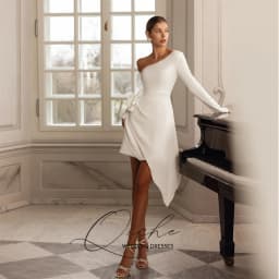QICHE Modern Short Sheath Wedding Dresses Flower Off The Shoulder Long Sleeves Pleat Above-Knee Vestidos De Noiva Customized