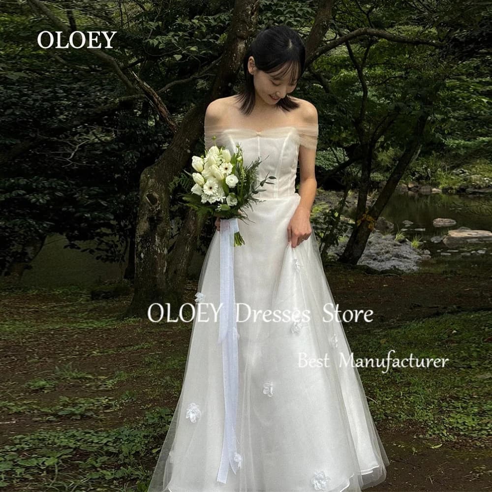 OLOEY 2025 New Ivory Wedding Dress Korea Photoshoot Off Shoulder Tulle Bridal Gown 3d Flowers Customized Plus Size Floor Length