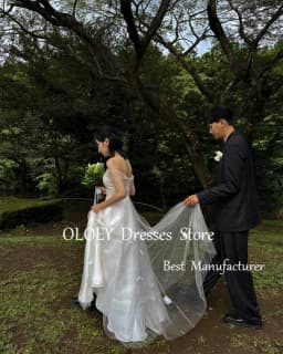 OLOEY 2025 New Ivory Wedding Dress Korea Photoshoot Off Shoulder Tulle Bridal Gown 3d Flowers Customized Plus Size Floor Length
