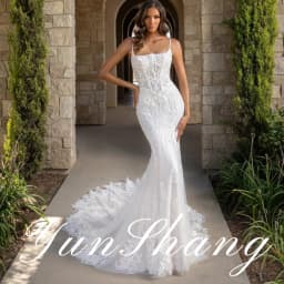 YunShang Customized Spaghetti Strap Mermaid Wedding Dress with Lace Embroidery and Illusion Back and Chapel Train for Graceful