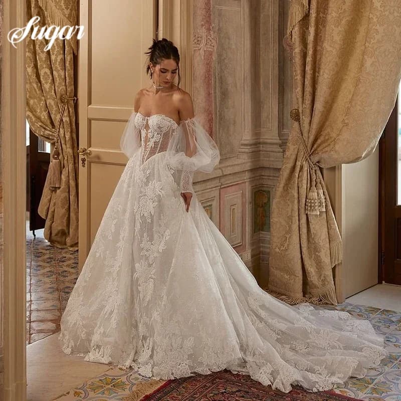 A-Line Wedding Dresses Off Shoulder Sweetheart Puff Sleeve Applique Bridal Dress Backless Wedding Princess Prom Gowns Customized
