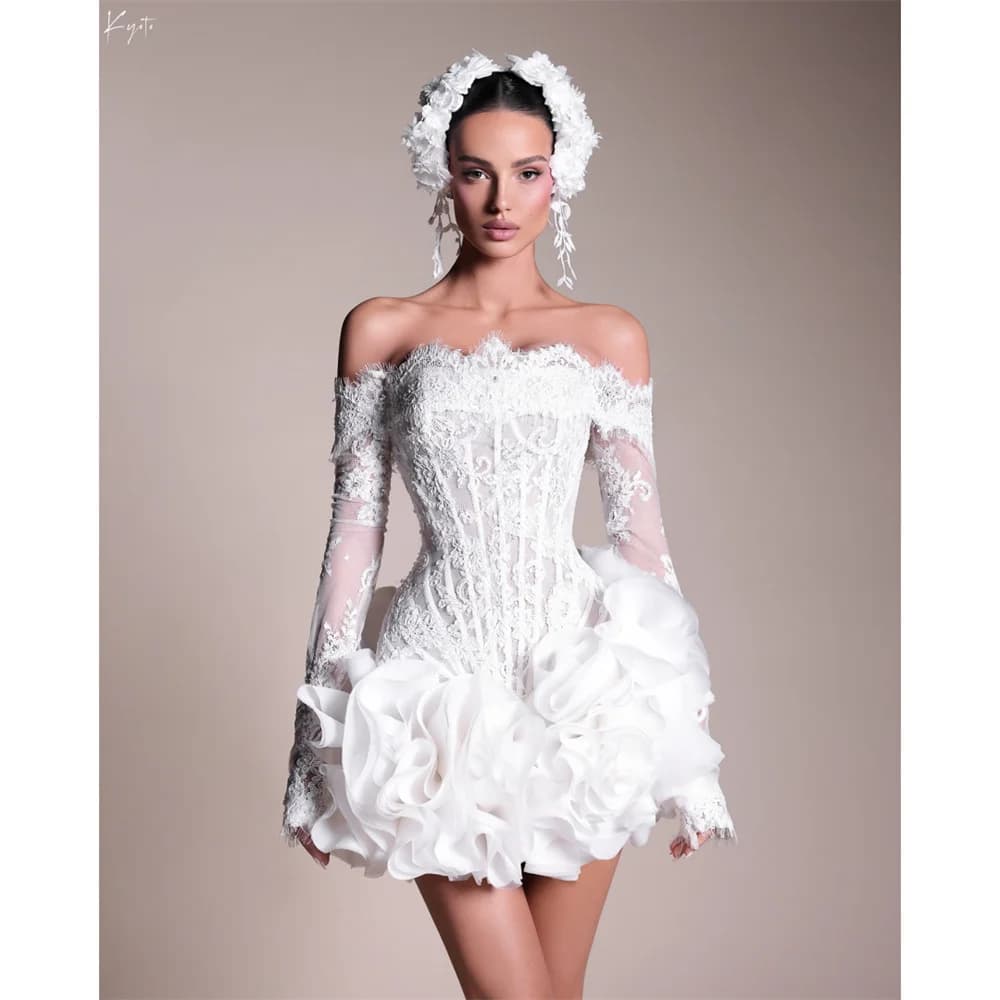 Customize Mini Lace Appliques 3D Flowers Wedding Dress White Off Shoulder Long Sleeves vestidos de novia Ball Gown After Party