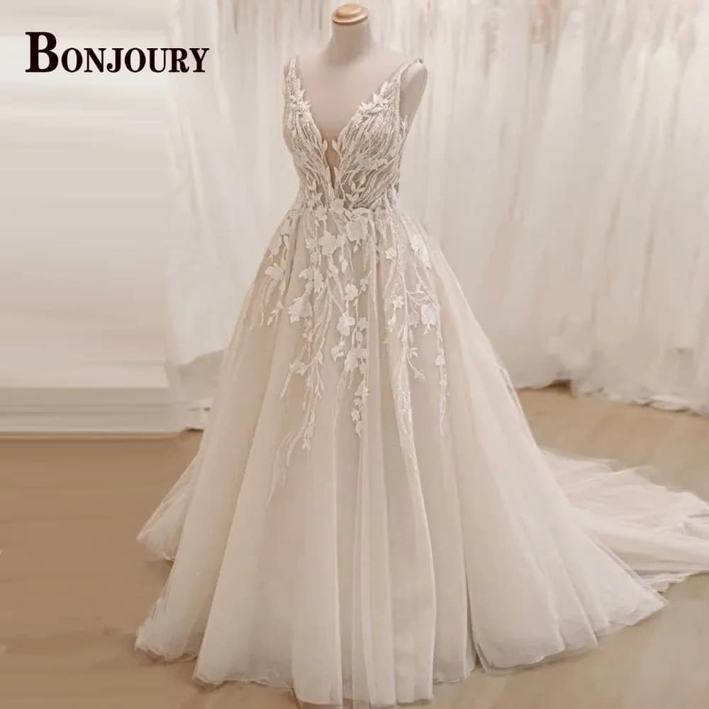 BONJOURY Classic A-line Wedding Dresses for Mariages Backless Spaghetti Straps V-neck Appliques Suknia Slubna Customized