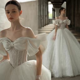 Off The Shoulder Sweetheart Neck Shiny Beading Pearls Bow Tulle Lace Bow Ball Gown Wedding Dresses With 100cm Chapel Train