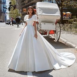 SoDigne Boho Satin A-Line Wedding Dress 2022 Elegant Short Puff Sleeves Square Neck Women Princess Bridal Gown Customized