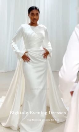 Eightale Arabic Wedding Dress Beaded Pearls O-Neck Customized Satin White Ivory Long Sleeves Muslim Bridal Gown Robe De Mariée