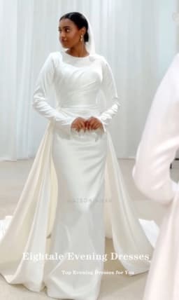 Eightale Arabic Wedding Dress Beaded Pearls O-Neck Customized Satin White Ivory Long Sleeves Muslim Bridal Gown Robe De Mariée