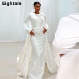 Eightale Arabic Wedding Dress Beaded Pearls O-Neck Customized Satin White Ivory Long Sleeves Muslim Bridal Gown Robe De Mariée