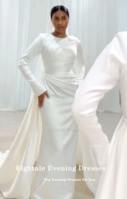 Eightale Arabic Wedding Dress Beaded Pearls O-Neck Customized Satin White Ivory Long Sleeves Muslim Bridal Gown Robe De Mariée