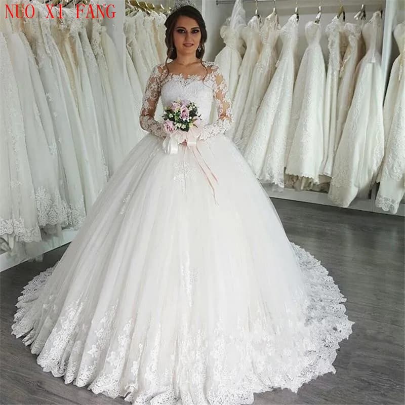 Customized Arabic Ball Gown Lace Applique Wedding Dress 2025 bruidsjurken Long Sleeves Illusion Scoop Neck Princess Bridal Gown