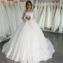 Customized Arabic Ball Gown Lace Applique Wedding Dress 2025 bruidsjurken Long Sleeves Illusion Scoop Neck Princess Bridal Gown