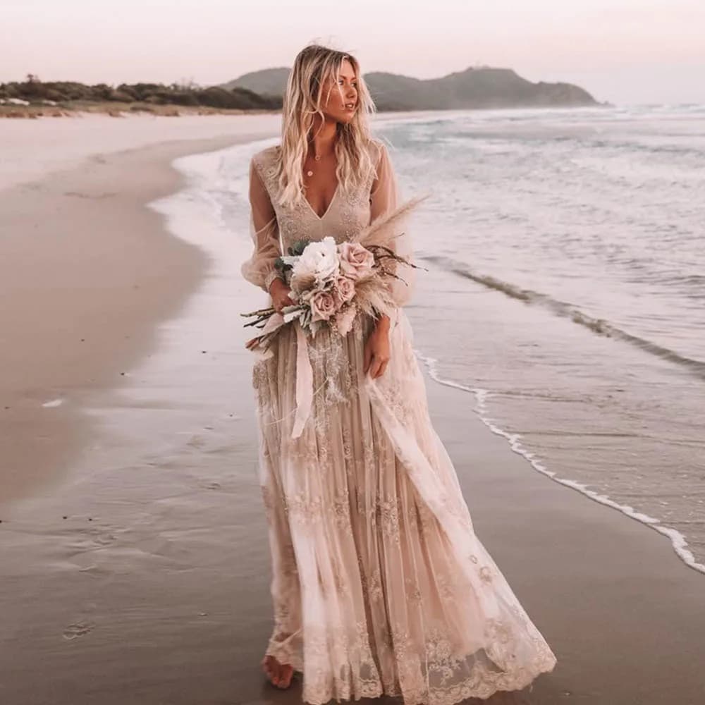 Boho Lace Embroidered Wedding Dress Long Sleeve Deep V Neck Flowy Lace Skirt Beach Bridal свадебное+платье