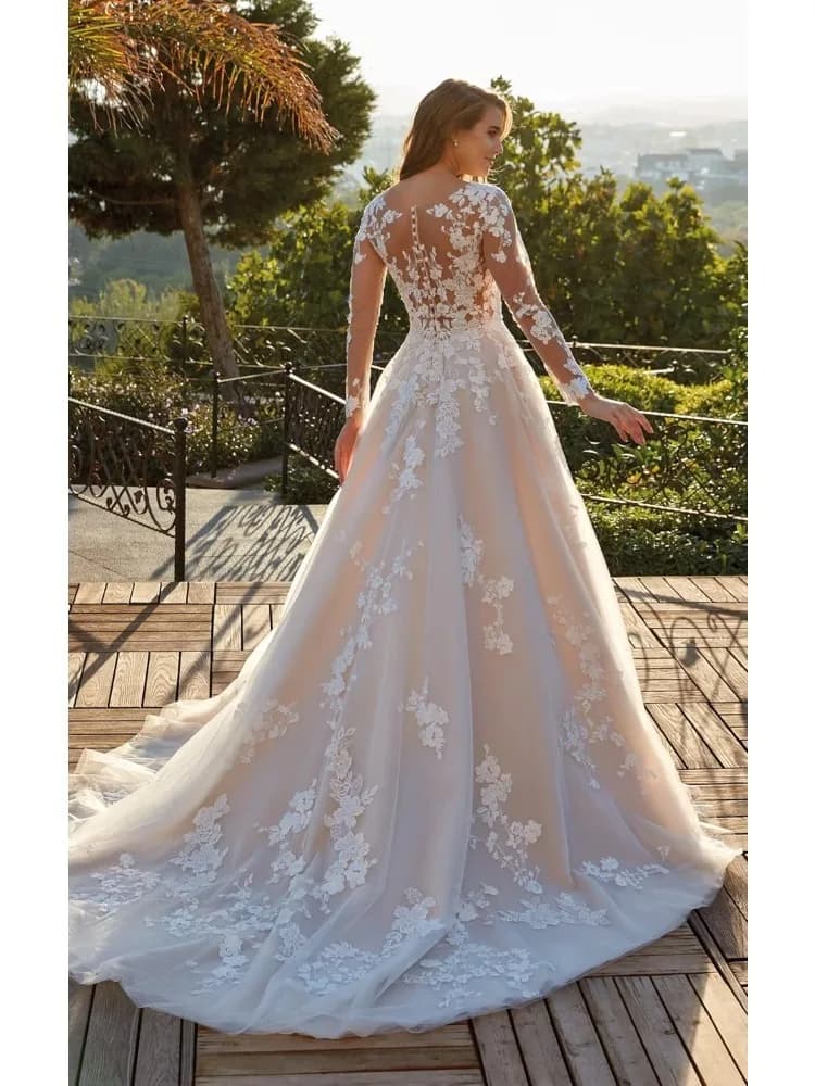 Elegant Sheer O-neck Wedding Dresses for Bride Lace Long Sleeves Appliques A Line Bridal Gowns Bohemian Vestido De Noiva