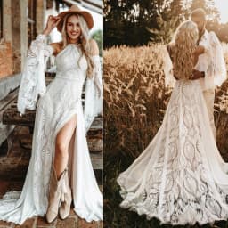 Beach Off Shoulder High Collar Wedding Dresses For Women Long Sleeves Lace High Slit Sexy Bride Dresses Bridal Gown Customized