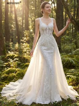 BEPEITHY Bride Customized Mermaid Lace Boho Wedding Dresses Women Long Glitter Detachable Train Bridal Gown Vestidos De Novias