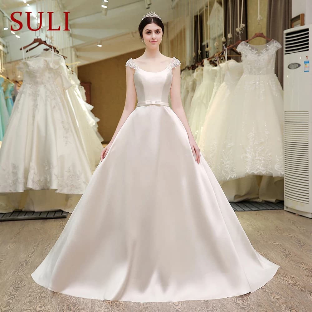 SL-53 Customized Princess Pearls Flowers Belt Bow Bridal Gowns Corset Cheap Wedding Dress Made in China