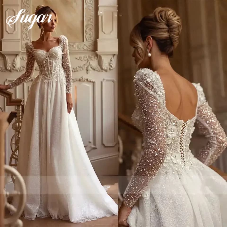 A Line Wedding Dresses Long Sleeves Sqeuins Sweetheart Women Bride Gowns Sweep Train Backless Vestido De Noiva Customized