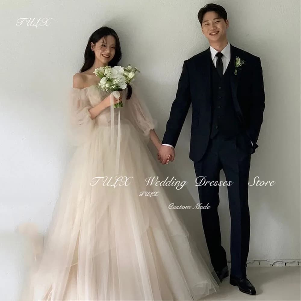 TULX Elegant Sweetheart Puff Sleeve Wedding Dress Korea Photo Shoot A line Tulle Bridal Gowns Long Corset 웨딩드레스 Custom Made 2025