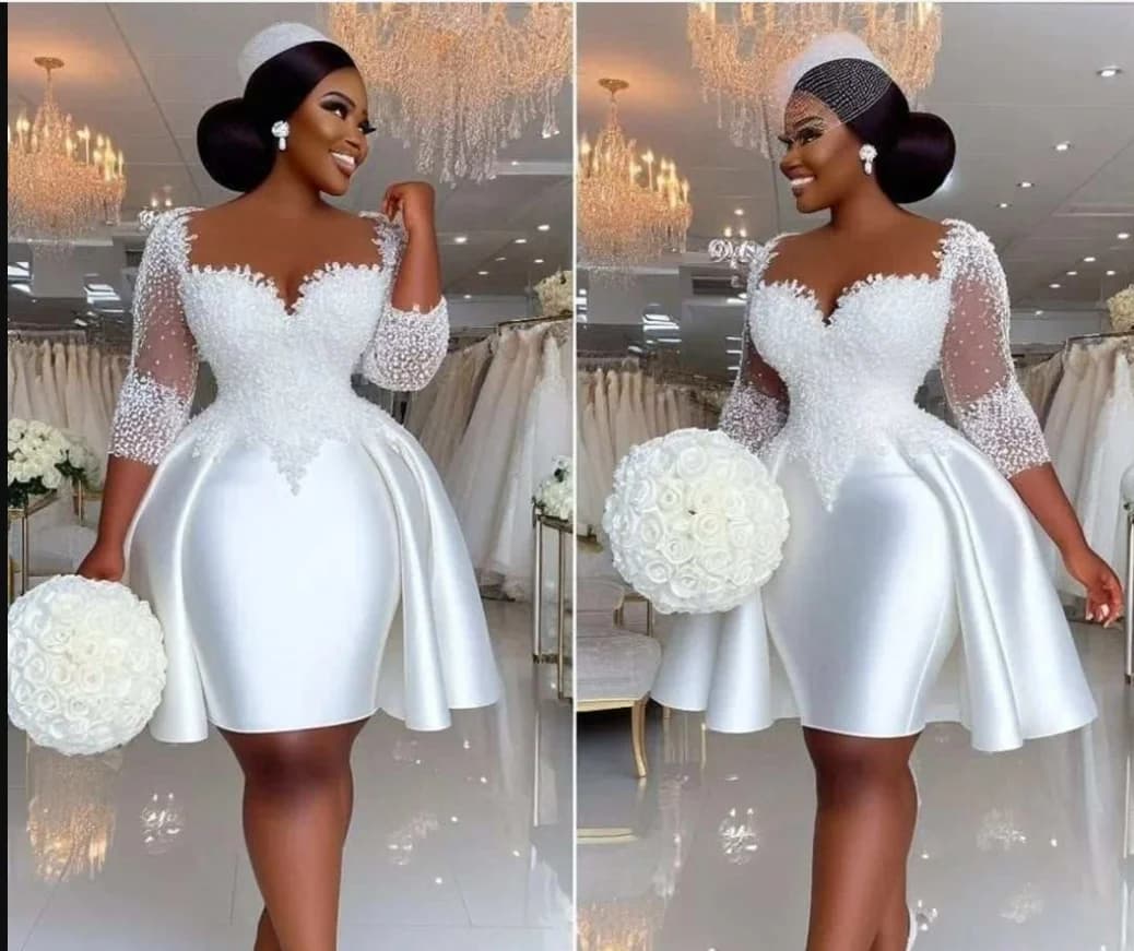 Customized Sheer Neck Shinny Appliques Beads Short Wedding Dress Vestidos De Novia Half Sleeves Knee Length Bridal Gowns