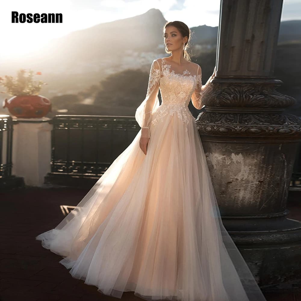 Customized Light Champagne Wedding Dress Puffy Full Sleeves Glitter Applique Tulle Lace Open Back Bride Dresses robe de mariée