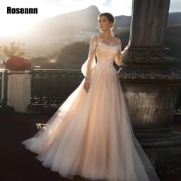 Customized Light Champagne Wedding Dress Puffy Full Sleeves Glitter Applique Tulle Lace Open Back Bride Dresses robe de mariée