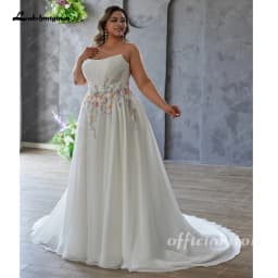Lakshmigown Strapless Plus Size Wedding Dresses Flowers Lace Appliques Pleat Zipper Wedding Gown for Women Side Slit Customized