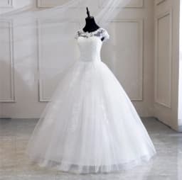 Real Video Cheap Luxury Pearls Ball Gowns O-Neck Off White Tulle Bridal Dress For Wedding Dresses with Sleeve Plus Size Custome