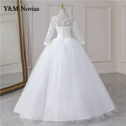 Real Video Cheap Luxury Pearls Ball Gowns O-Neck Off White Tulle Bridal Dress For Wedding Dresses with Sleeve Plus Size Custome