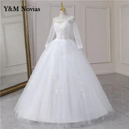 Real Video Cheap Luxury Pearls Ball Gowns O-Neck Off White Tulle Bridal Dress For Wedding Dresses with Sleeve Plus Size Custome