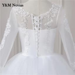Real Video Cheap Luxury Pearls Ball Gowns O-Neck Off White Tulle Bridal Dress For Wedding Dresses with Sleeve Plus Size Custome