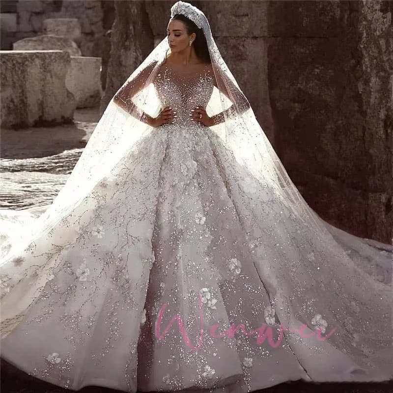 Customized Ashley Carol Ball Gown Wedding Dress Beading Scoop Appliques Bride Long Sleeve Wedding Gown Lace Vestidos De Noiva