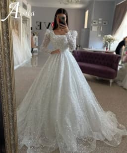 Customized Ivory Luxury Sequinned Square Collar Wedding Dress A-Line Long Sleeves vestidos de novia 2025 Formal Evening