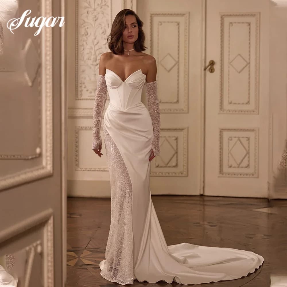 Sexy V-neck Beaded Lace Applique Mermaid Wedding Dresses Detachable Long Sleeves Backless Sweep Train Custom Made For Women