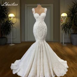 Lhuilier Customized Scoop Neck Mermaid Wedding Dresses Sleeveless Pearls Beaded Lace Appliques Bridal Dress with Court Train