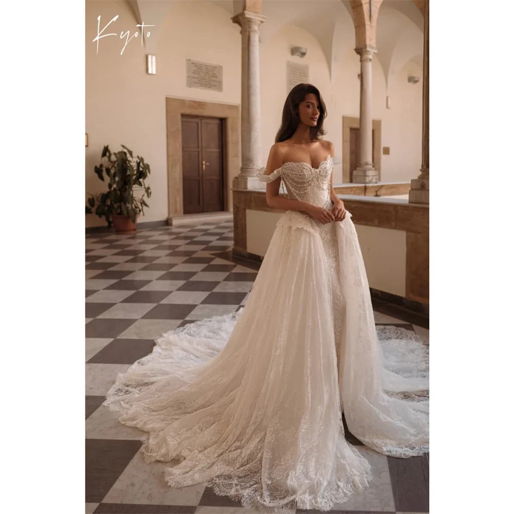 Kyoto Customized White Pearl Off the Shoulder Lace Wedding Dress Detachable Train vestidos de noiva Zip Back Formal Evening 2025