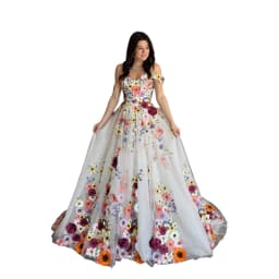 Colorful Floral Embroidered Wedding Dress Dreamy 3D Floral Princess Prom Dresses Off Shoulder A-Line Tulle Bridal Gowns