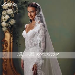 Lhuilier Customized Mermaid Lace Wedding Dresses Illusion Long Sleeves Pearls Beaded Bridal Dress with Court Train