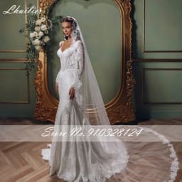 Lhuilier Customized Mermaid Lace Wedding Dresses Illusion Long Sleeves Pearls Beaded Bridal Dress with Court Train