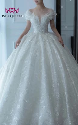Customized Special Sleeves Pearls Beaded Wedding Dress Ball Gown Lace Appliques Pretty Civil Wedding Gown For Brides WX0333