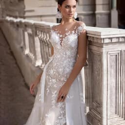Customized Wedding Dress Short Sleeves Lace Appliques Mermaid Bridal Dress With Detachable Train Over Skirt Lace Wedding Gowns