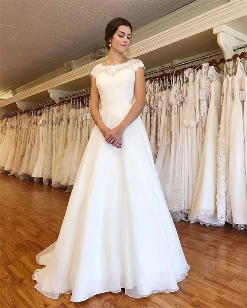 Customized Simple Cap Sleeves Lace Wedding Dresses A-line Bridal Dress Full Length White Ivory Vestido De Novia Wedding Gown